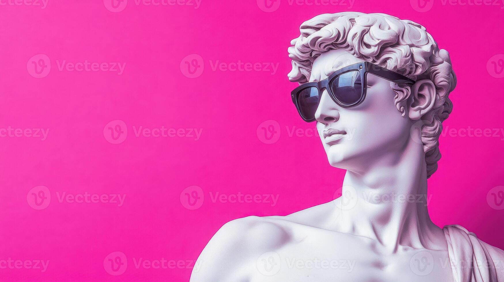 A modern twist on a classic statue with sunglasses against a pink backdrop. photo