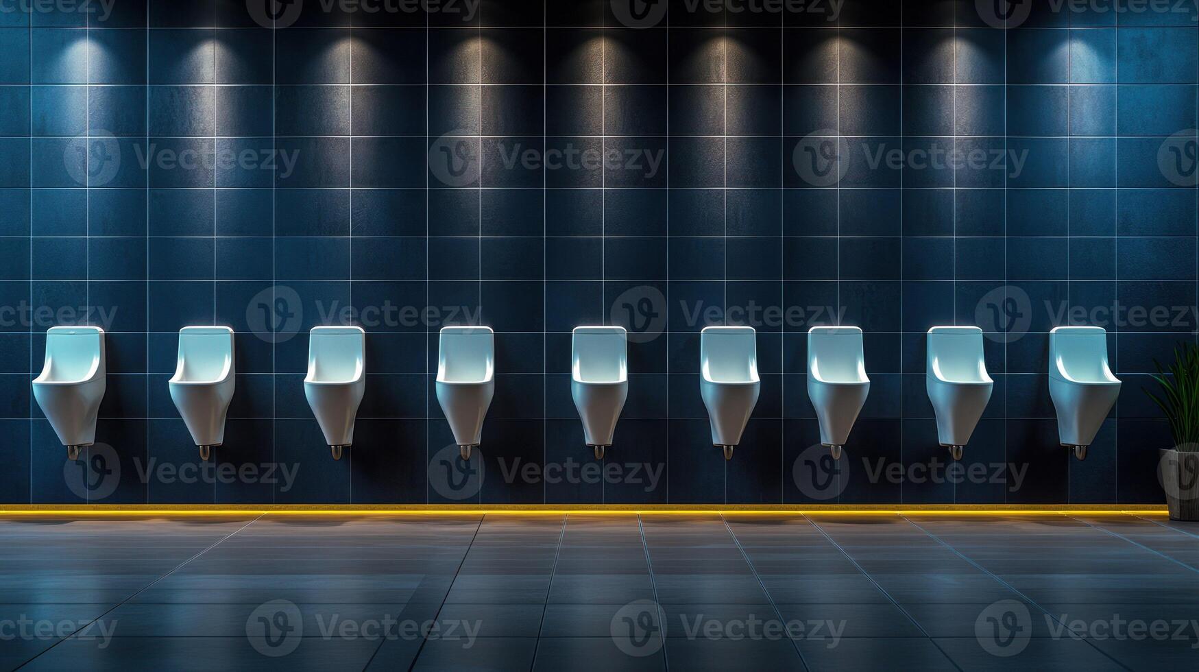 Modern mens restroom featuring sleek urinals with ambient lighting. photo