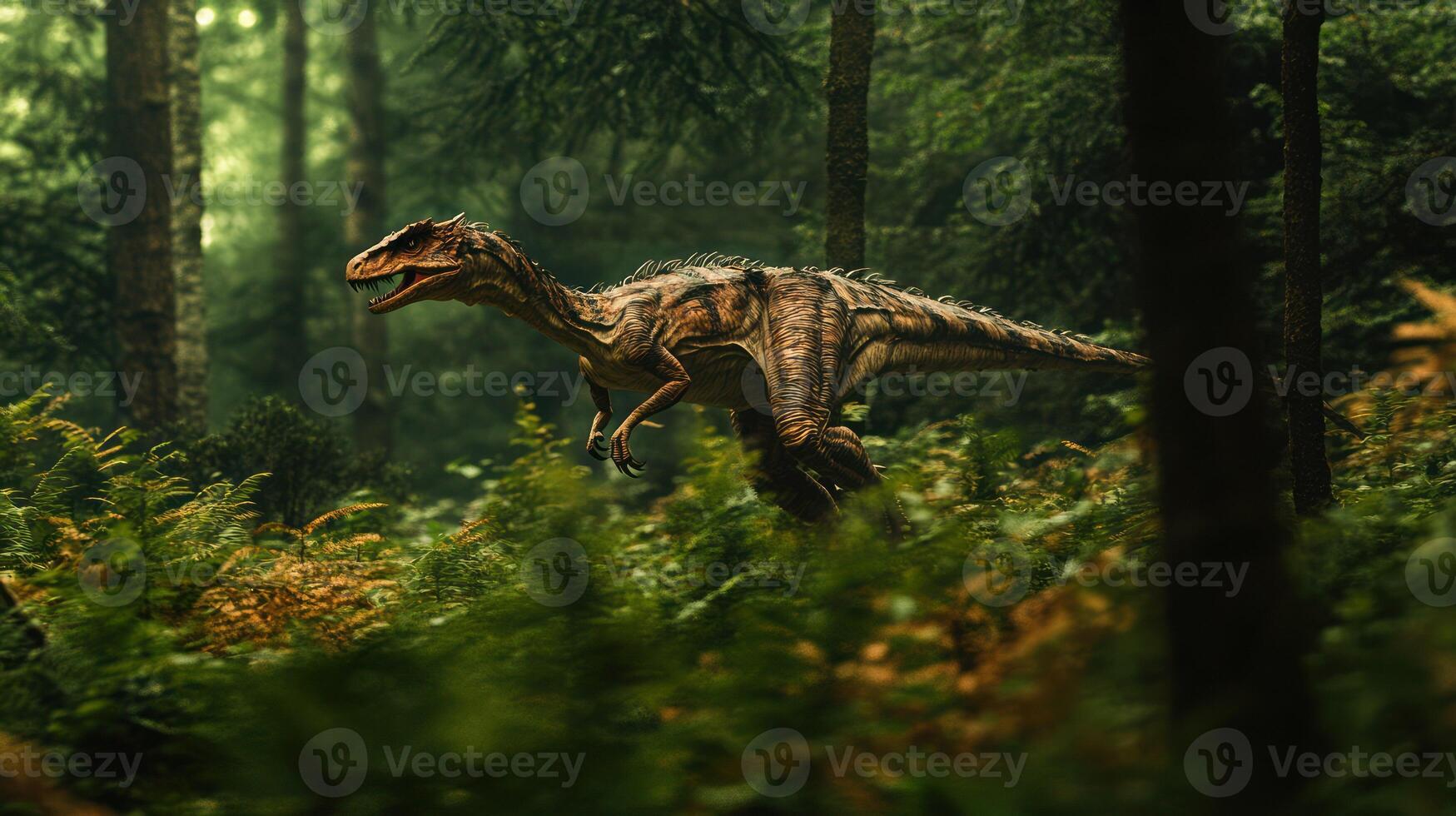 A dinosaur running through a lush, green prehistoric forest. photo