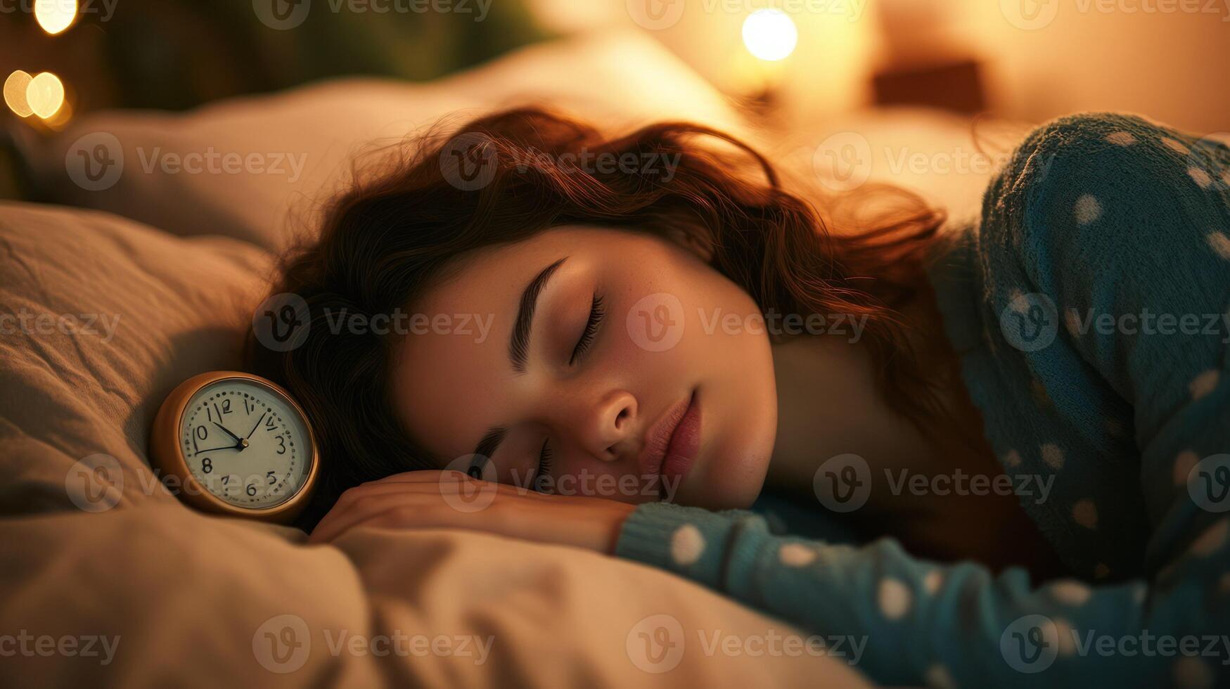 A serene portrait of a woman peacefully sleeping beside a clock. photo