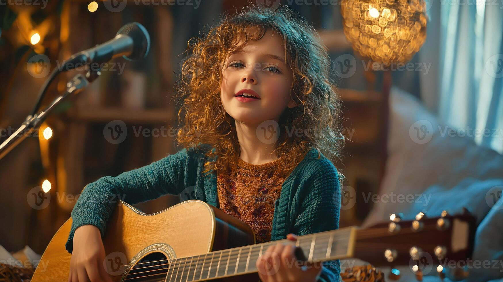 A happy girl with curly hair playing guitar in a cozy indoor setting. photo