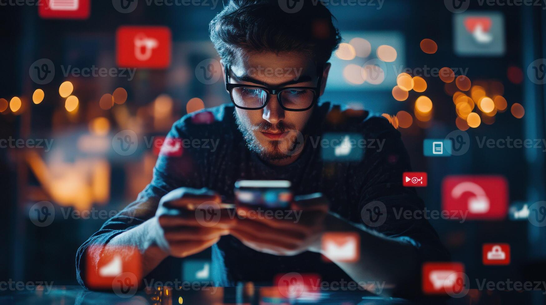 A focused man using a smartphone amidst digital social media icons. photo