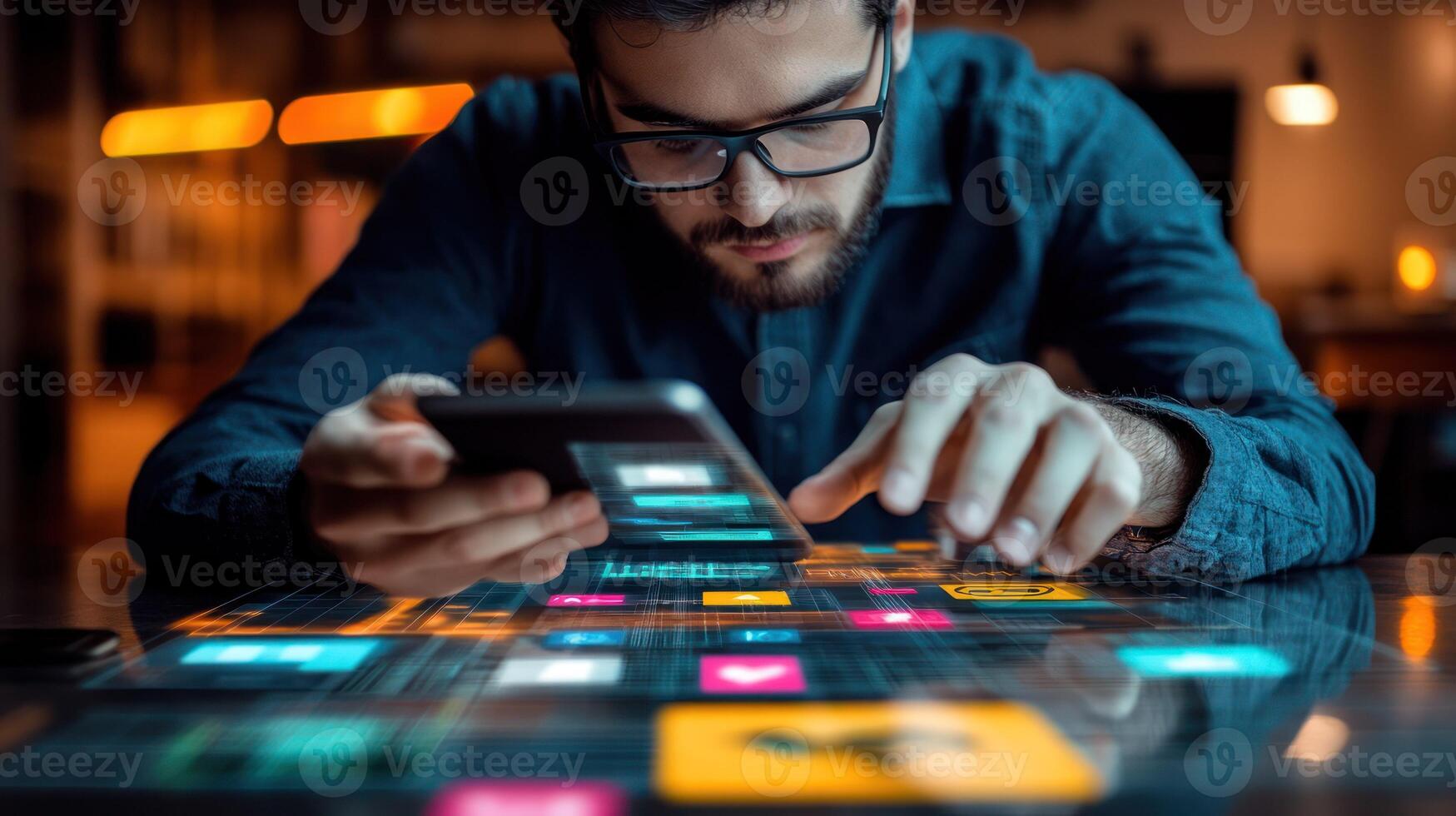 A focused young man interacts with a smartphone amidst digital interfaces. photo
