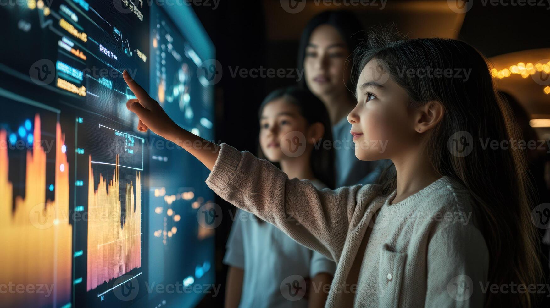A girl interacts with a digital data display, showcasing curiosity and learning. photo