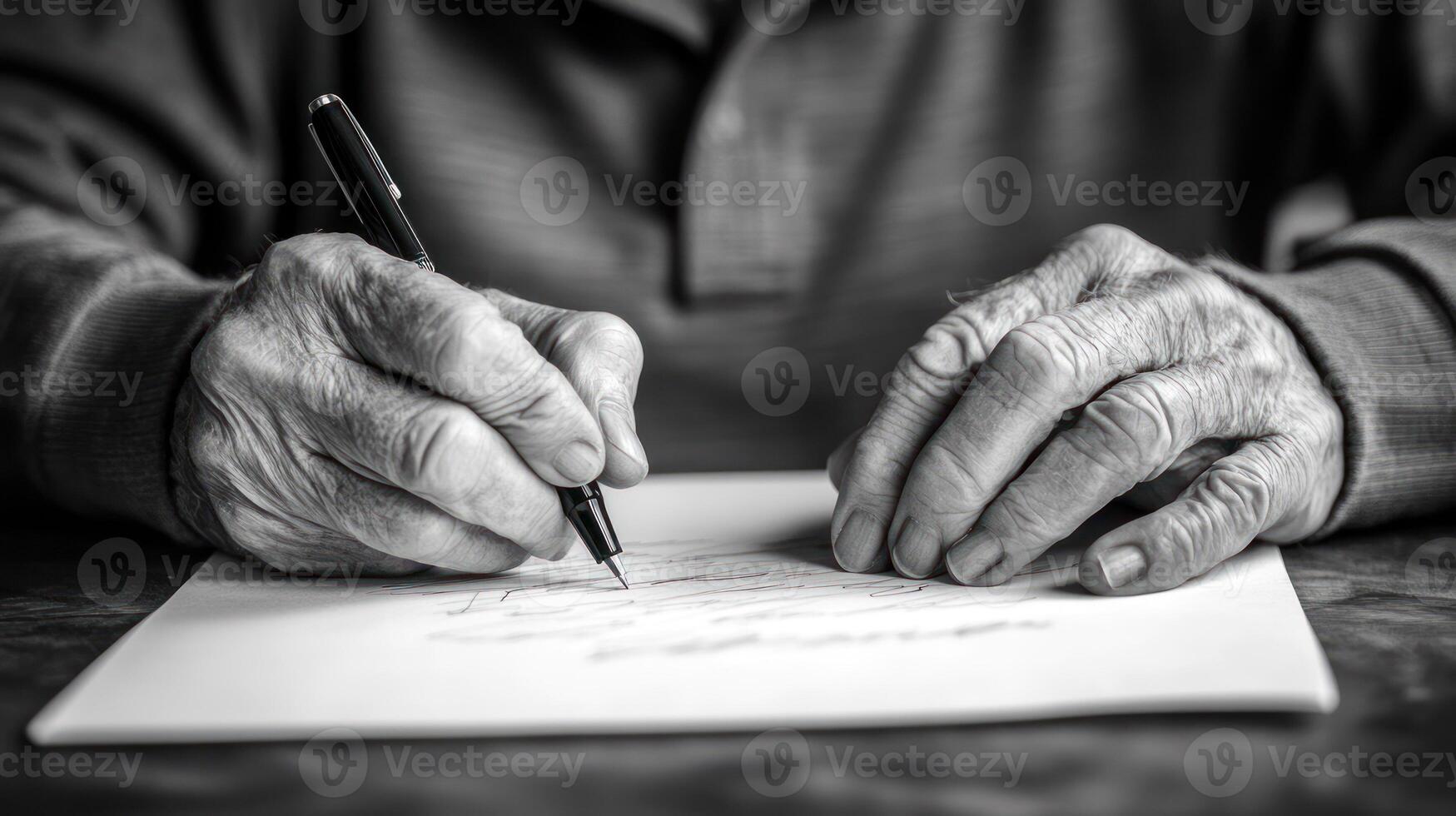 A close up of elderly hands writing on paper with a pen. photo