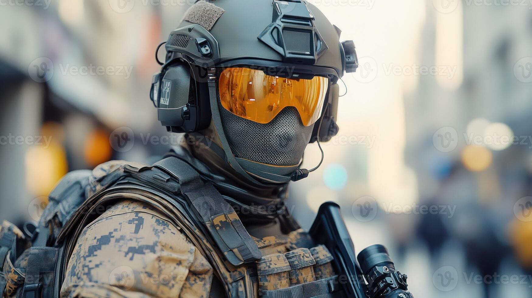A tactical soldier in urban setting, equipped and ready for action. photo