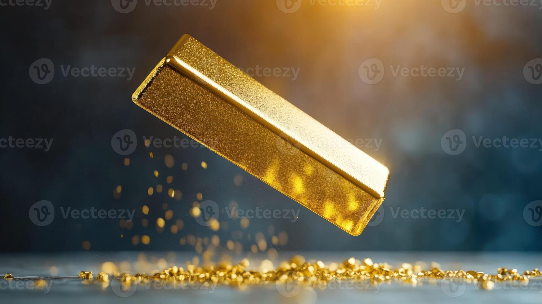 A floating gold bar with glittering dust creating a luxurious atmosphere. photo
