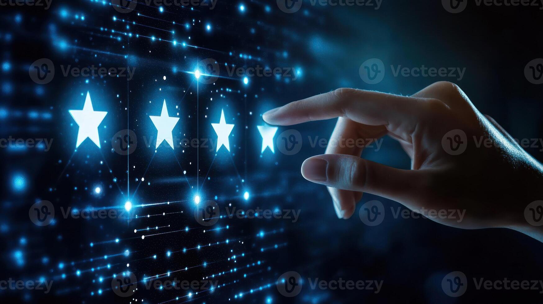 A hand interacts with glowing stars in a digital rating interface. photo