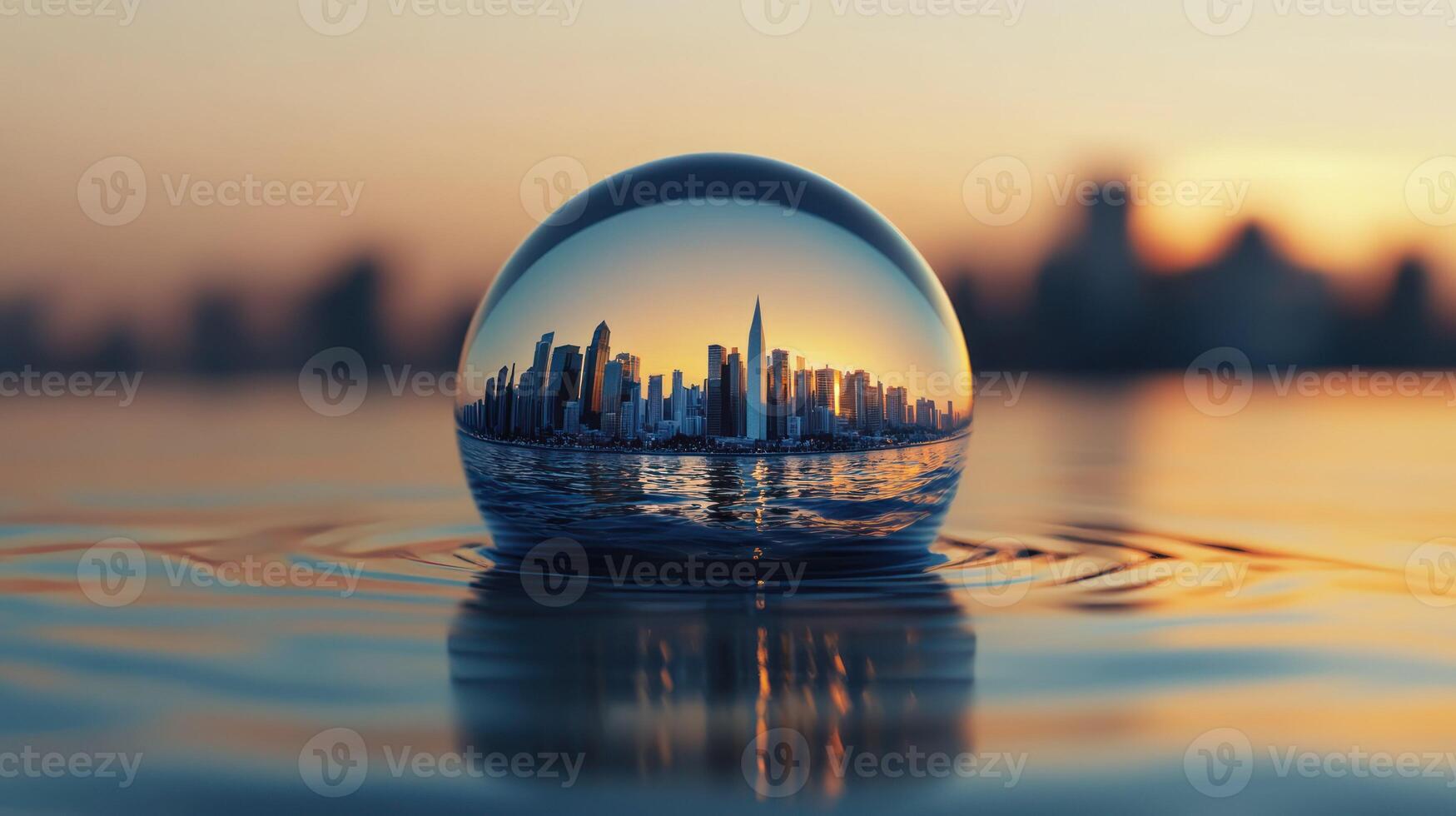 A reflective bubble shows a city skyline at sunset over calm water. photo