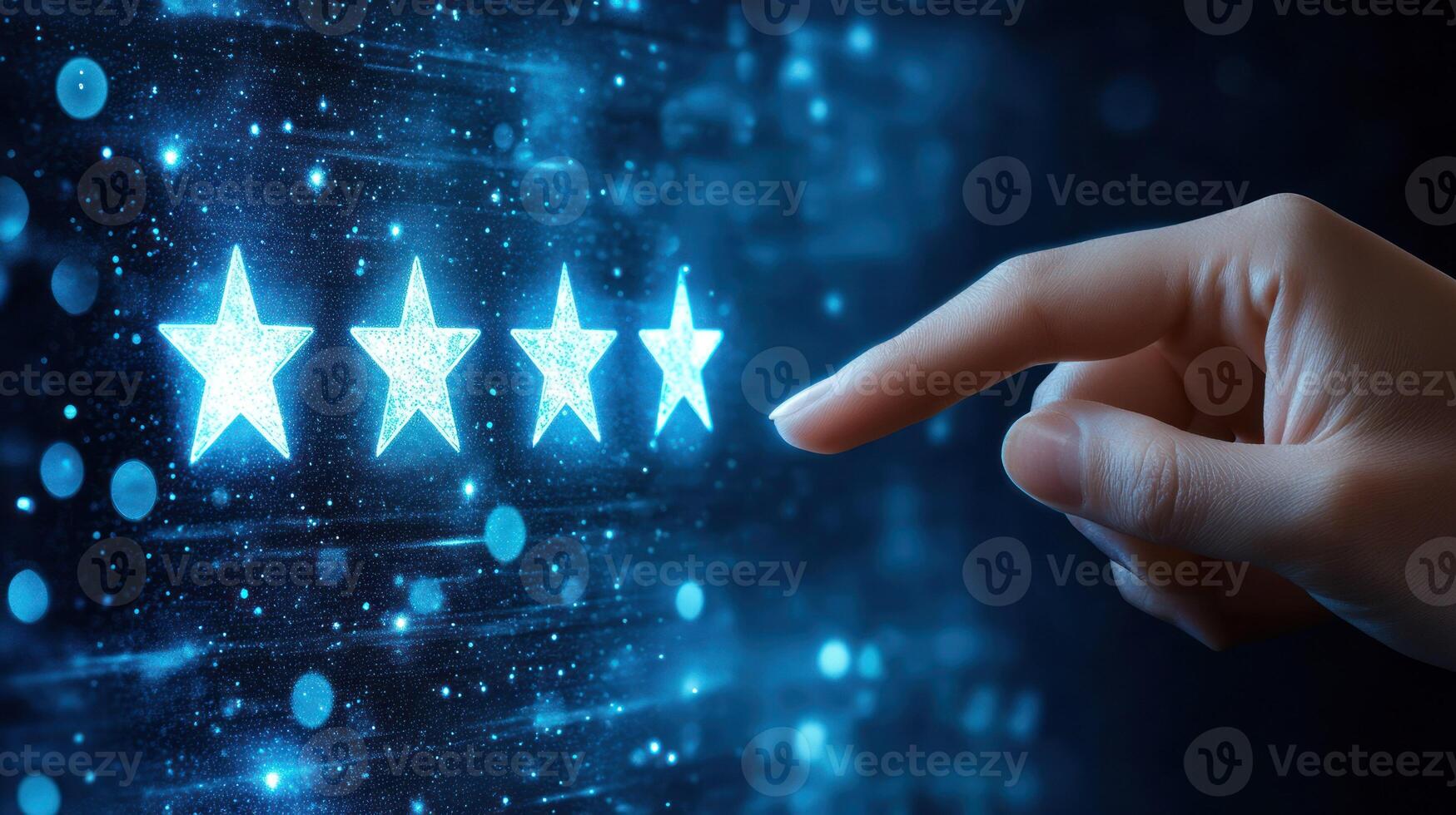 A hand selecting glowing stars, symbolizing user feedback and ratings. photo