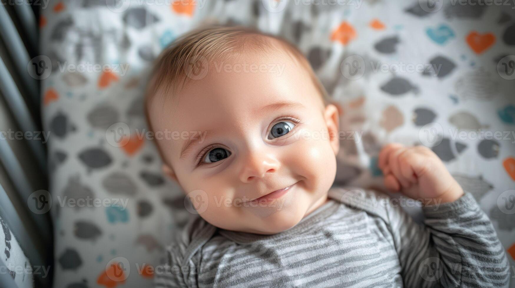 A smiling baby with bright eyes lying on a cozy, patterned blanket. photo