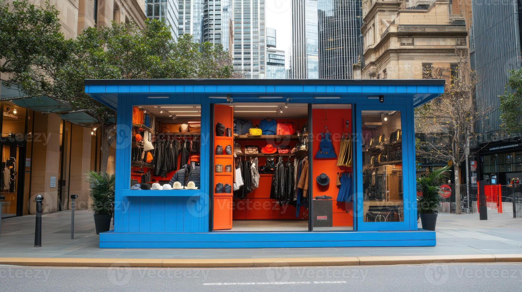 A modern retail store with vibrant blue and orange colors in an urban setting. photo