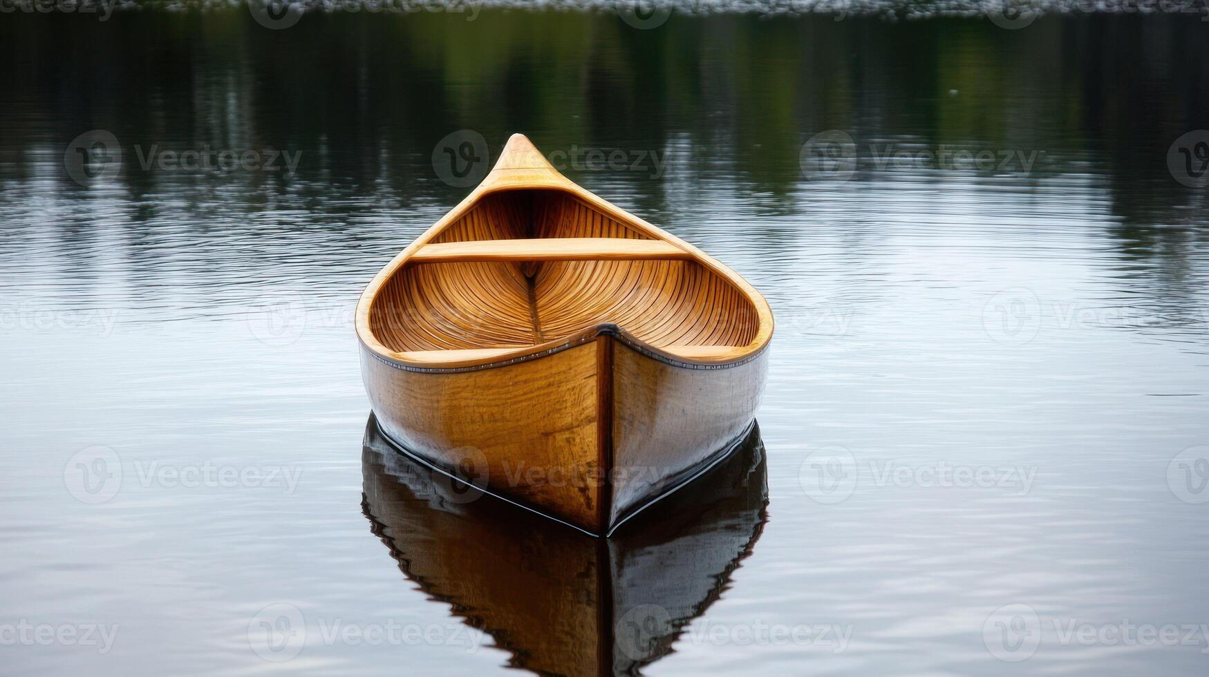 A serene wooden canoe reflecting on calm water in a tranquil setting. photo
