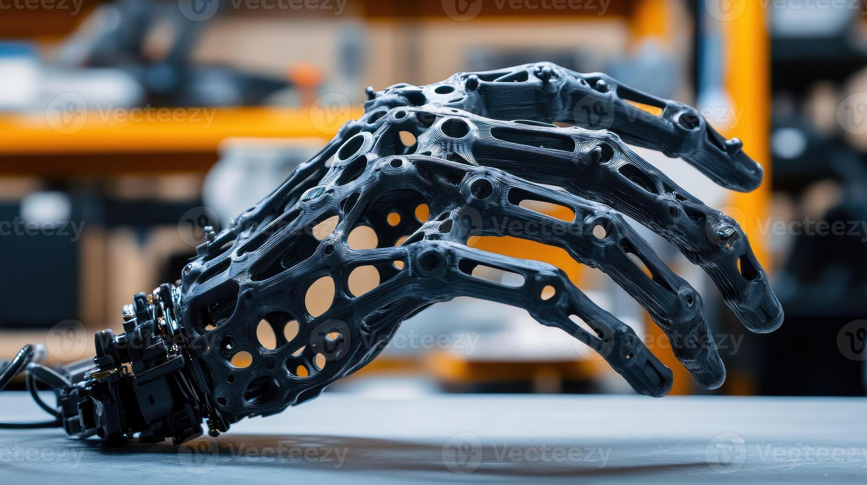 A close up of a futuristic robotic hand showcasing intricate design. photo