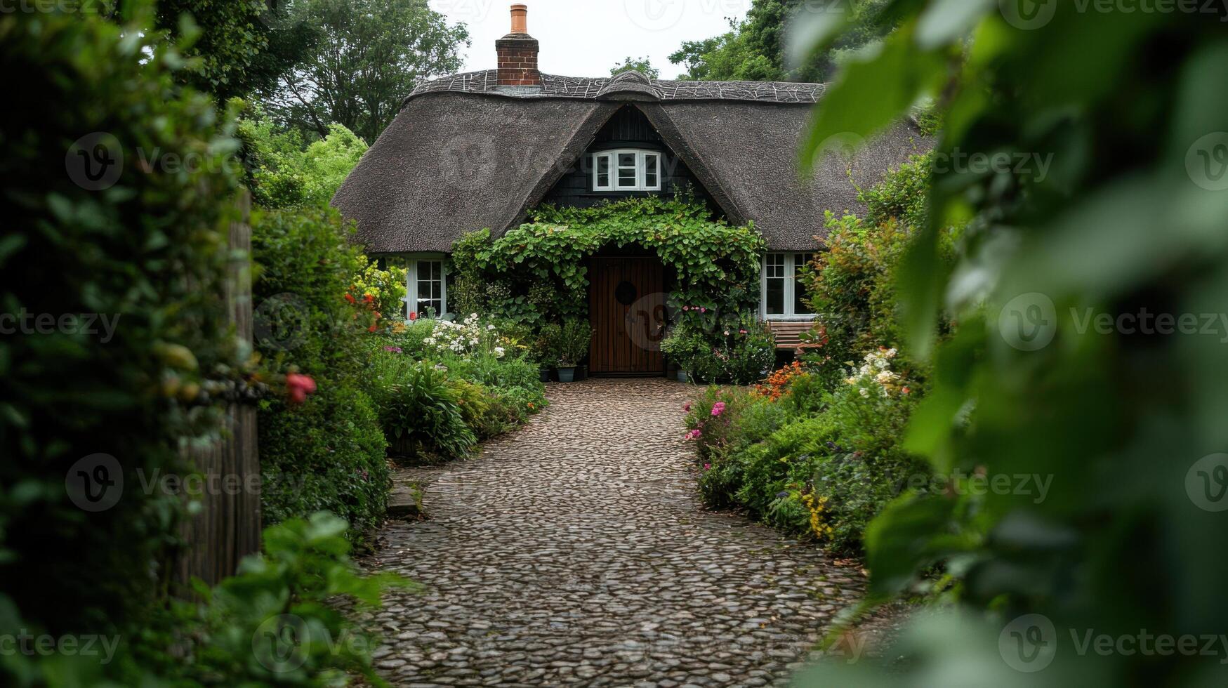 A thatched cottage with a path leading to it photo
