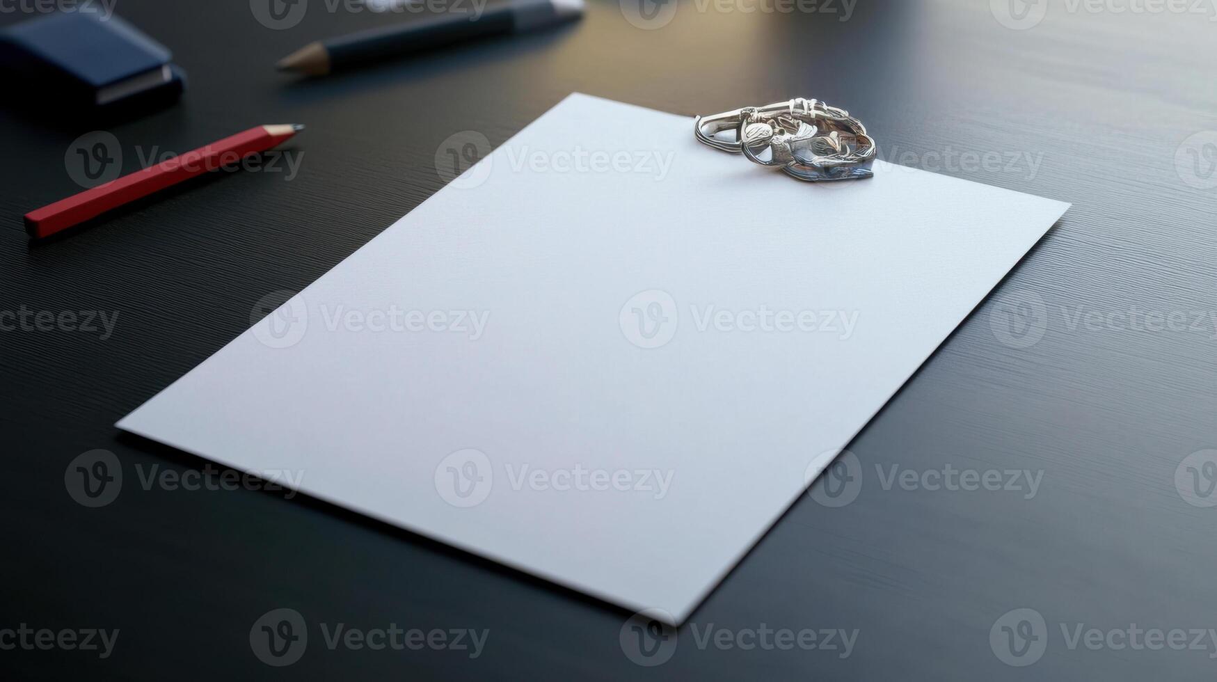 Plain note paper on desk with paperclip and stationery photo