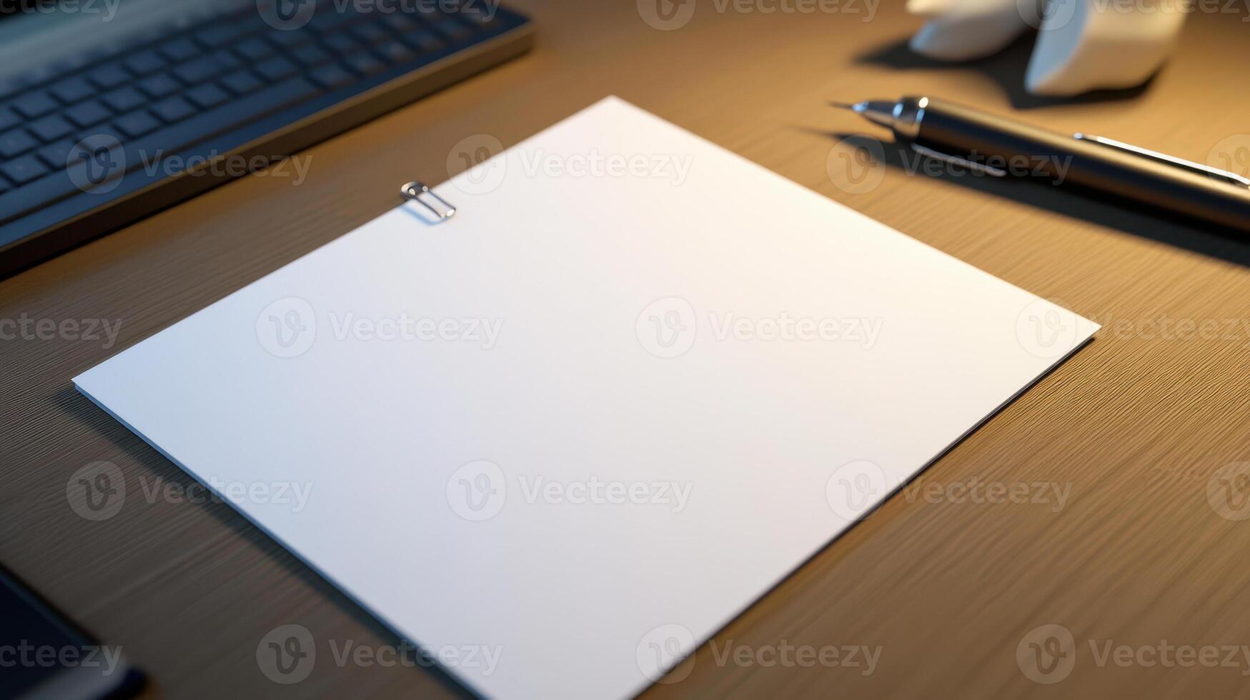 Plain note paper on desk with paperclip and pen photo
