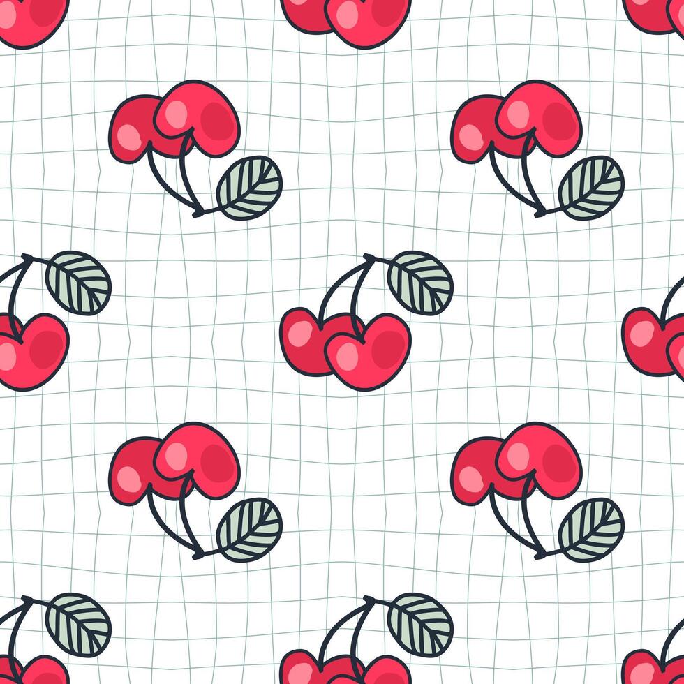 Groovy style seamless pattern with cherries on grid distorted background. Perfect print for fabric, paper, textile. Hand drawn illustration. vector