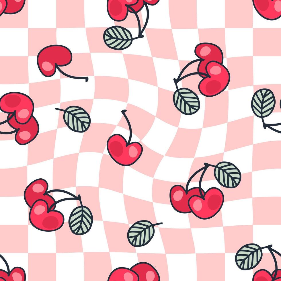 Doodle style cherries seamless pattern on grid distorted background. Hippie aesthetic print for fabric, paper, textile. Hand drawn geometric illustration. vector