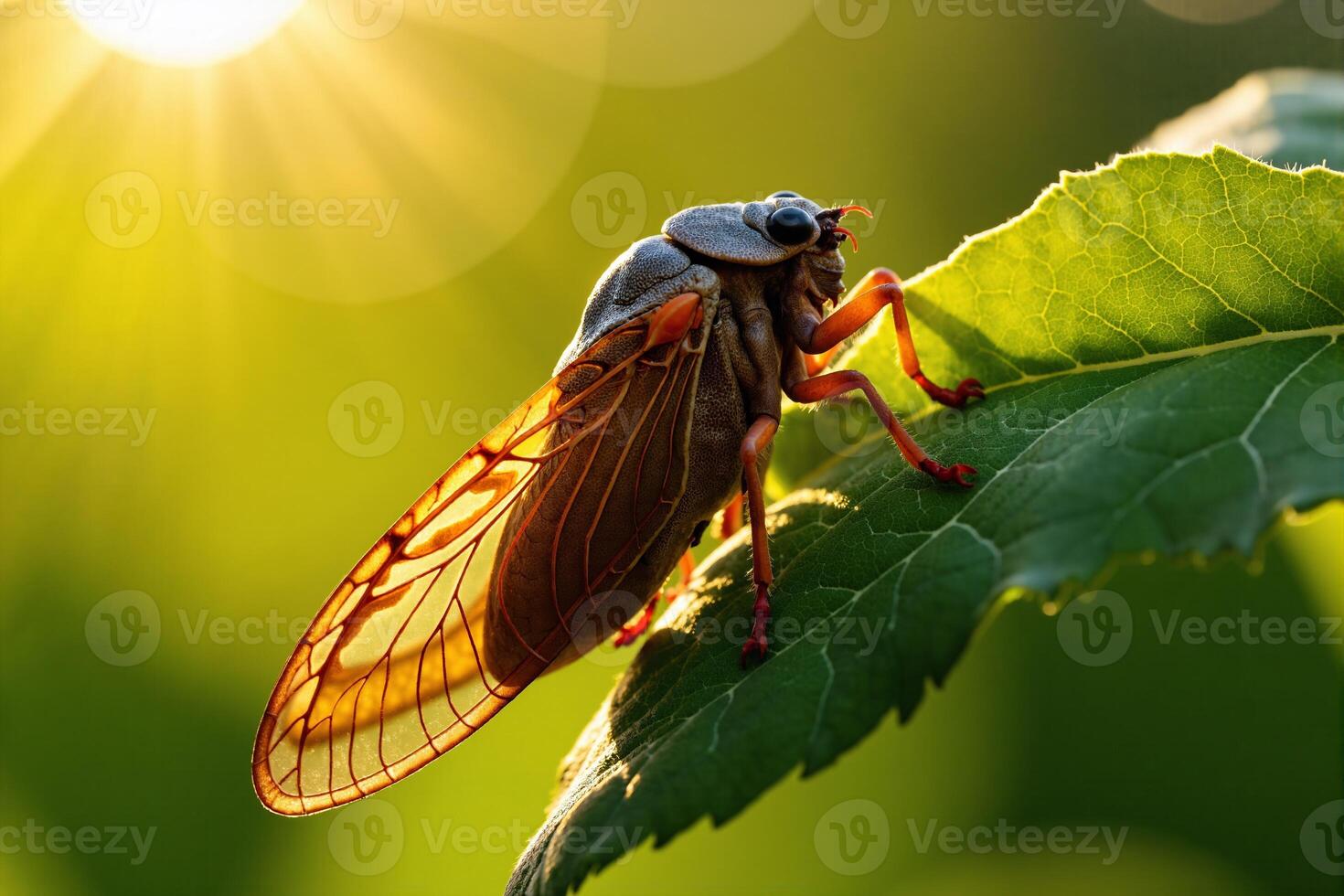 A cicada sits on a leaf in the sun photo