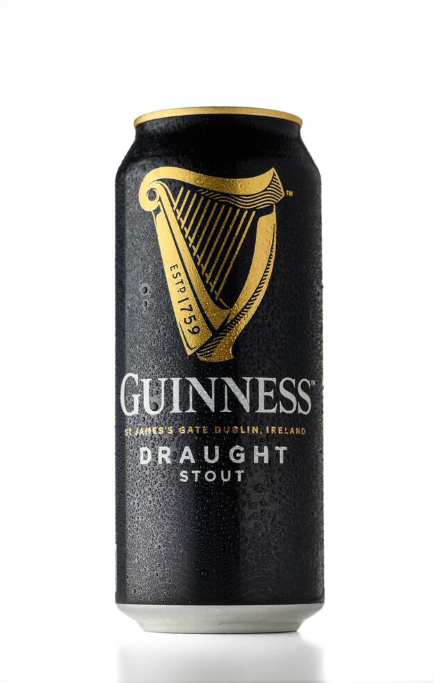 Gaziveren Cyprus -18.03.2025 Refreshing stout can beer Guinness featuring classic black and gold design with condensation highlighting its coolness photo