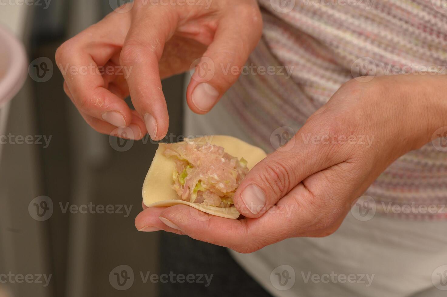 Crafting delicious dumplings with expert hands in a cozy kitchen setting photo