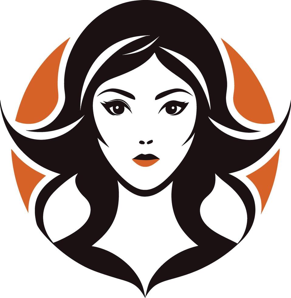 Woman with long flowing hair and a sophisticated aura, framed within an orange circular backdrop vector