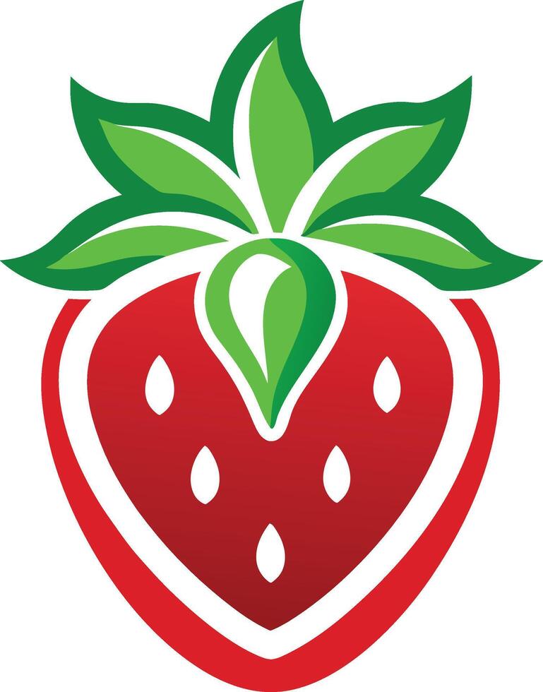 Ripe strawberry, showcasing its juicy red flesh, textured seeds, and fresh green leaves Logo icon design vector