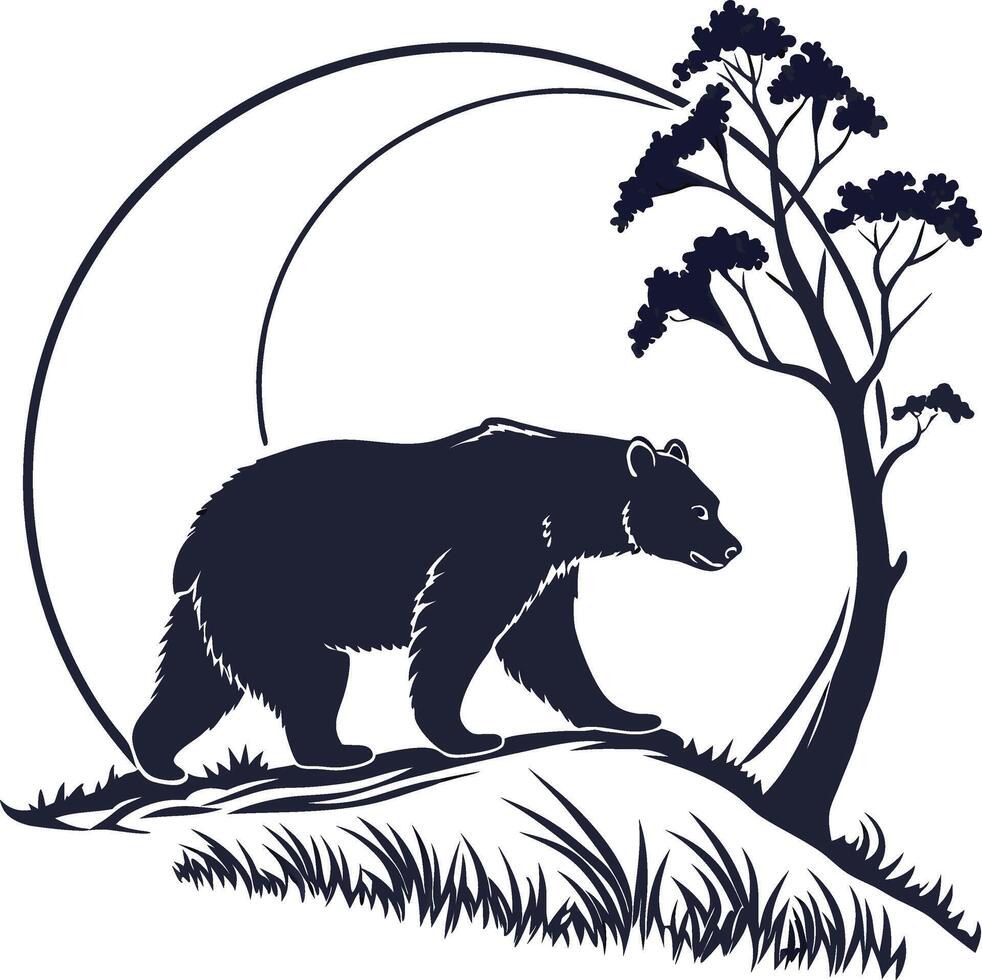 Moonlit Bear Silhouette A stylized, artistic silhouette of a bear traversing a grassy knoll under a crescent moon vector