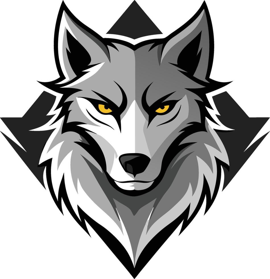Wolf's face, showcasing striking yellow eyes and a stern expression vector