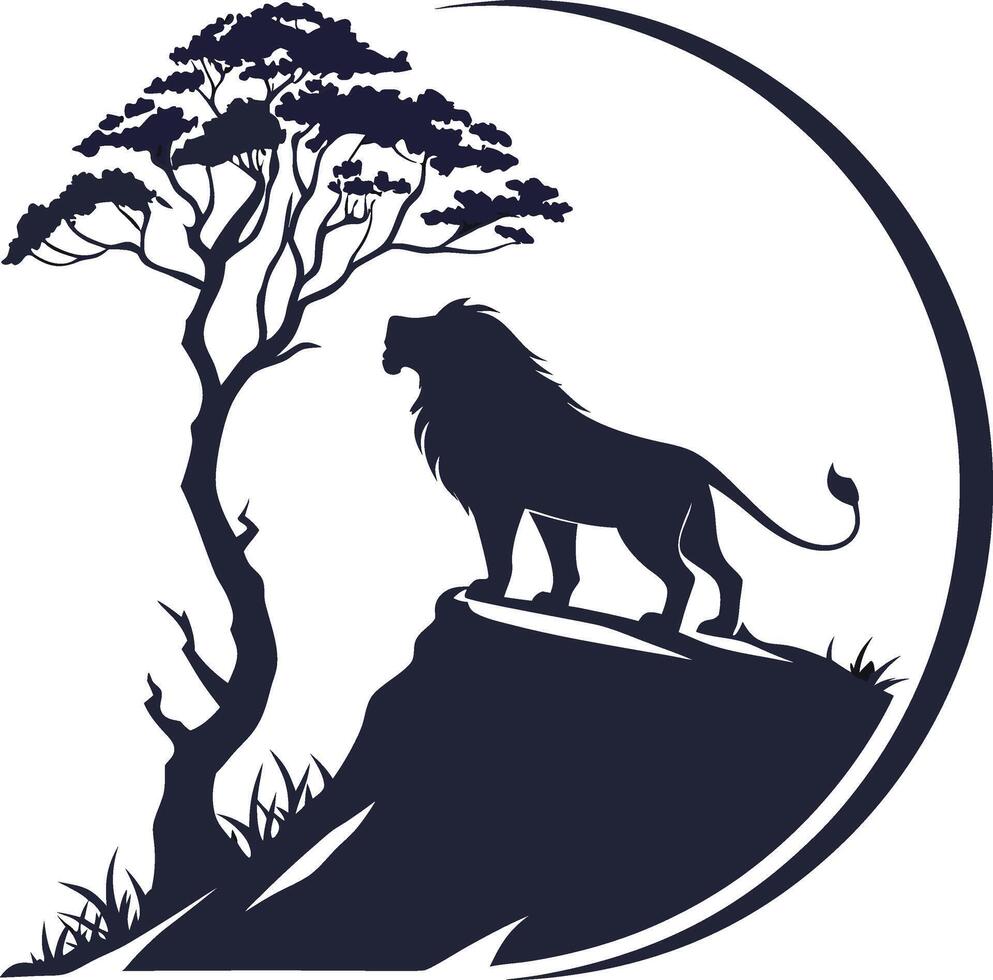 Majestic Lion Silhouette A commanding illustration captures a lion, king of the savanna, silhouetted against a dramatic sky. vector