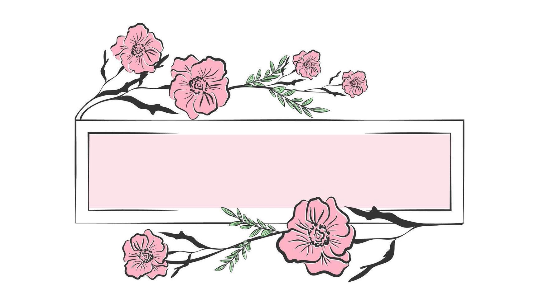 Romantic Hand-Drawn Floral Banner with Soft Pink Spring Flowers and Green Leaves. Stylish Frame for Invitations, Greeting Cards, Branding, and Elegant Decorative Designs. vector