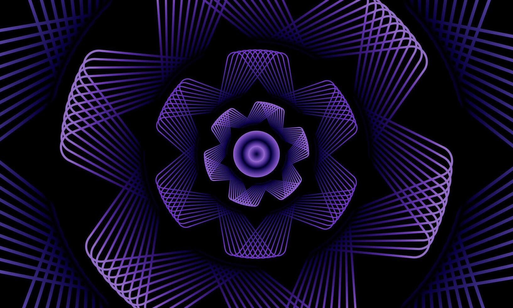 Abstract flower vortex geometric circles line pattern. Purple fractal flower on black background. Rounded mandala. vector