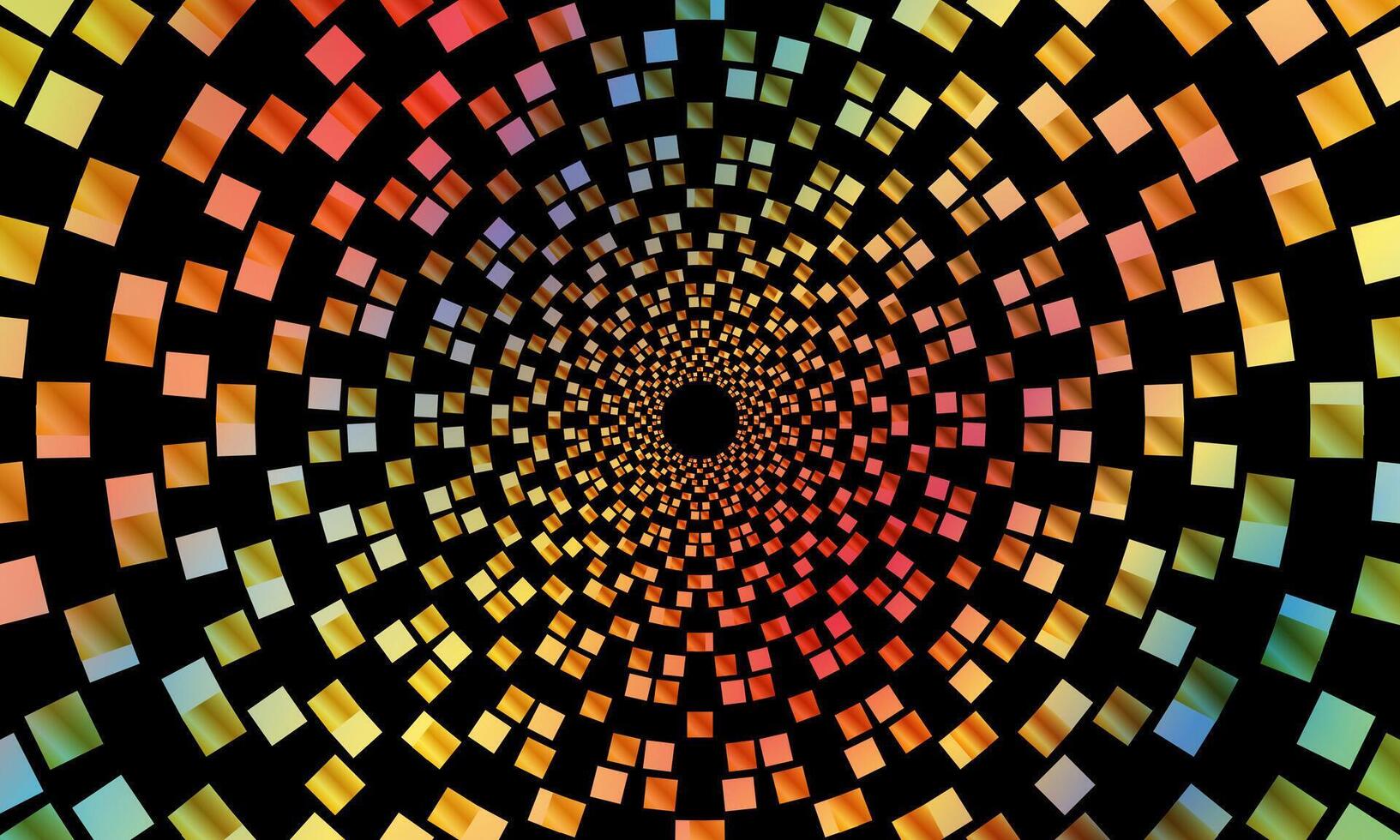 Abstract spiral Shape spinning vortex style flower background. Colorful square pattern on black background. vector