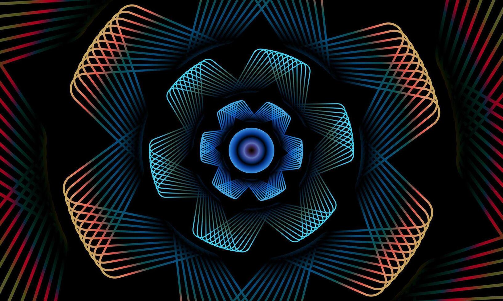 Abstract flower vortex geometric circles line pattern. colorful fractal flower on black background. dynamic mandala pattern. vector