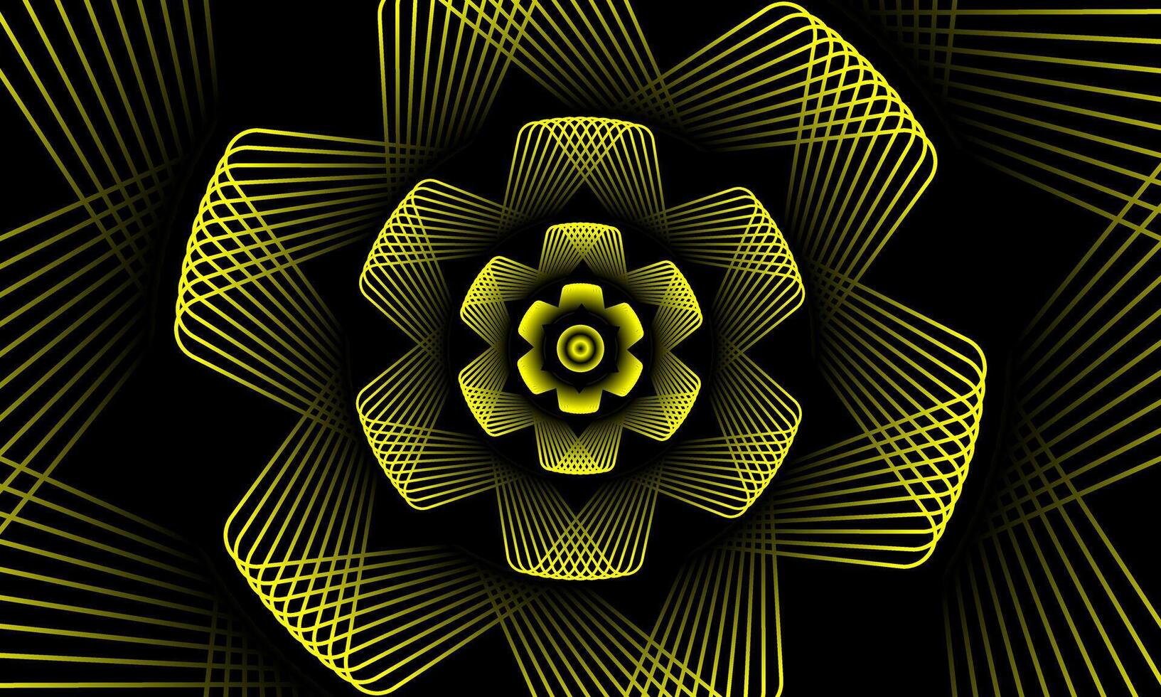 Abstract flower vortex geometric circles line pattern. Yellow fractal flower on black background. Mandala pattern. vector