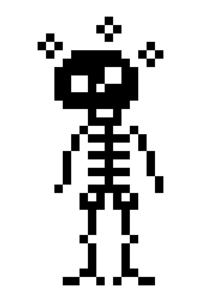Monochrome pixel art skull skeleton icon. retro game simple cartoon style. hand drawn comic. vector