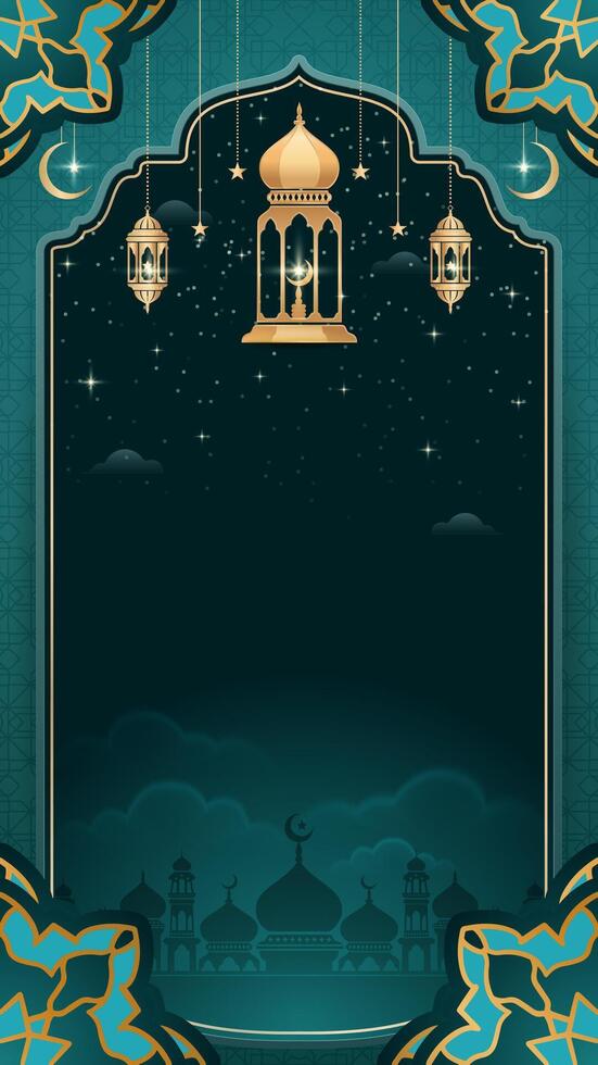 Islamic design emerald green Background with lanterns and mosque for Ramadan Kareem and Eid al Fitr or Adha Greeting Cards Elegant styles, Decoration Lanterns and a Starry Night social media templates vector