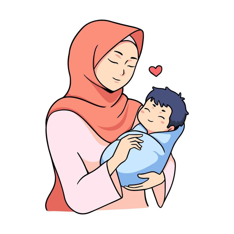 Mother's Day illstration, muslim mother hugging her child vector