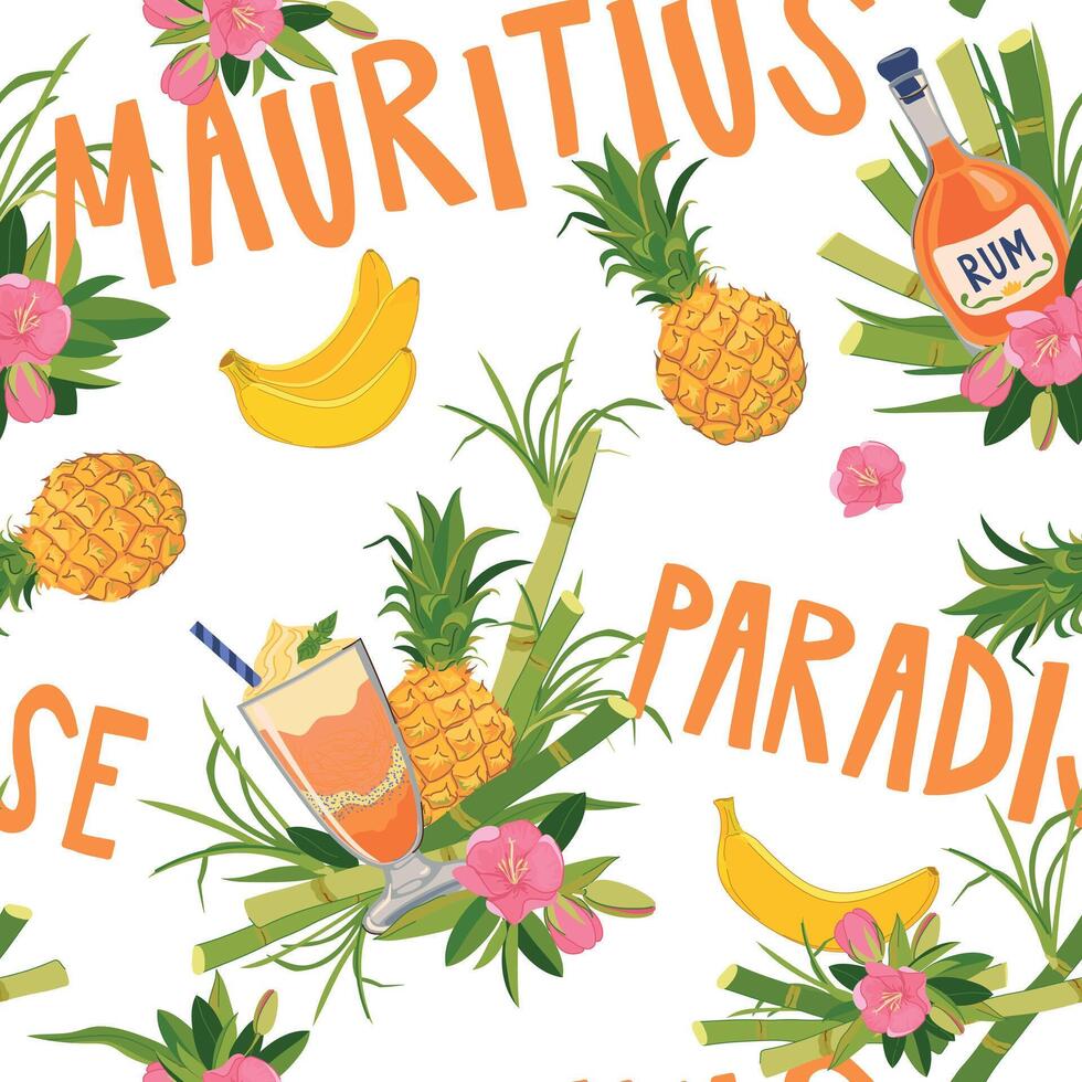 seamless pattern. Background with elements of vacation on a tropical island. Composition with a bottle of rum, pineapple, banana and flowers. Illustration for beach bar design. vector