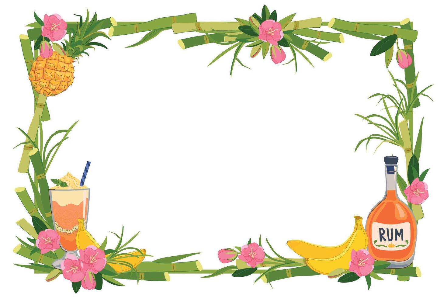 horizontal frame with rum bottle, pineapple, banana and flowers. Illustration for beach bar menu. Cruise vacation, summer holidays, party, cafe. vector