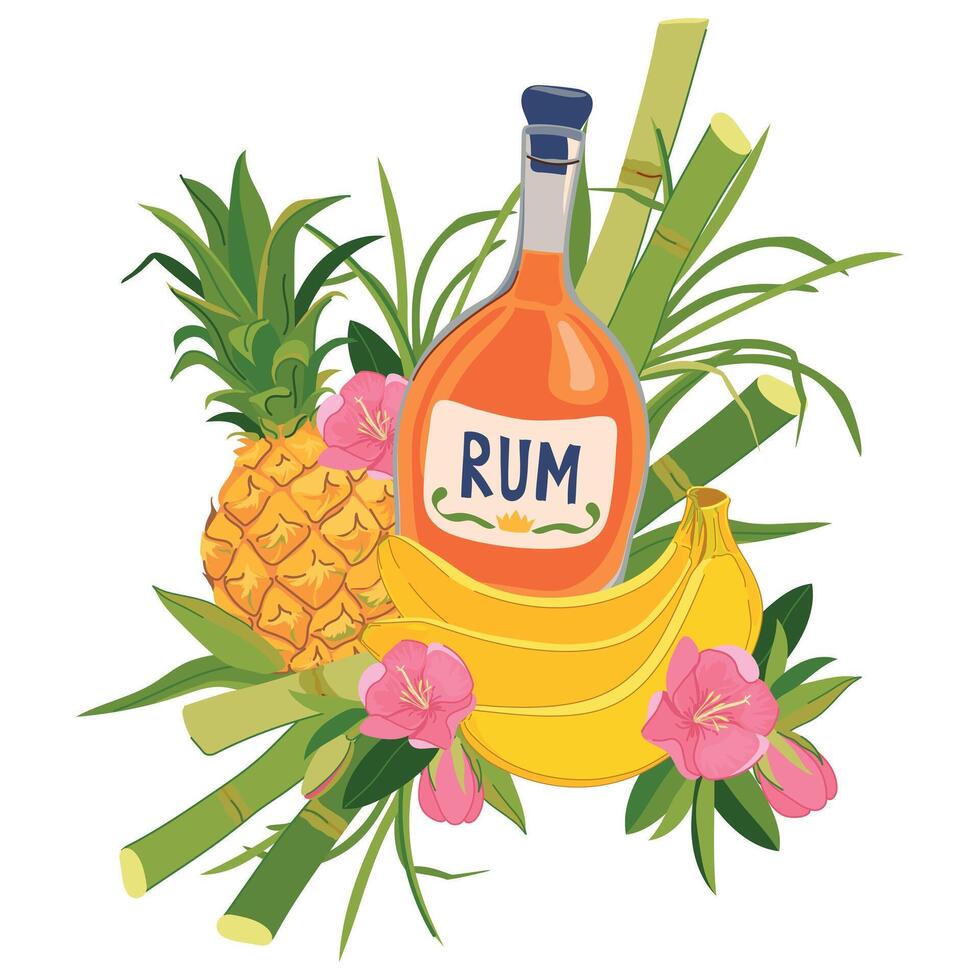 sticker with bottle of rum, pineapple, banana and flowers. Tropical vacation emblem. Illustration for beach bar menu. Cruise vacation, summer holidays, party, cafe. vector