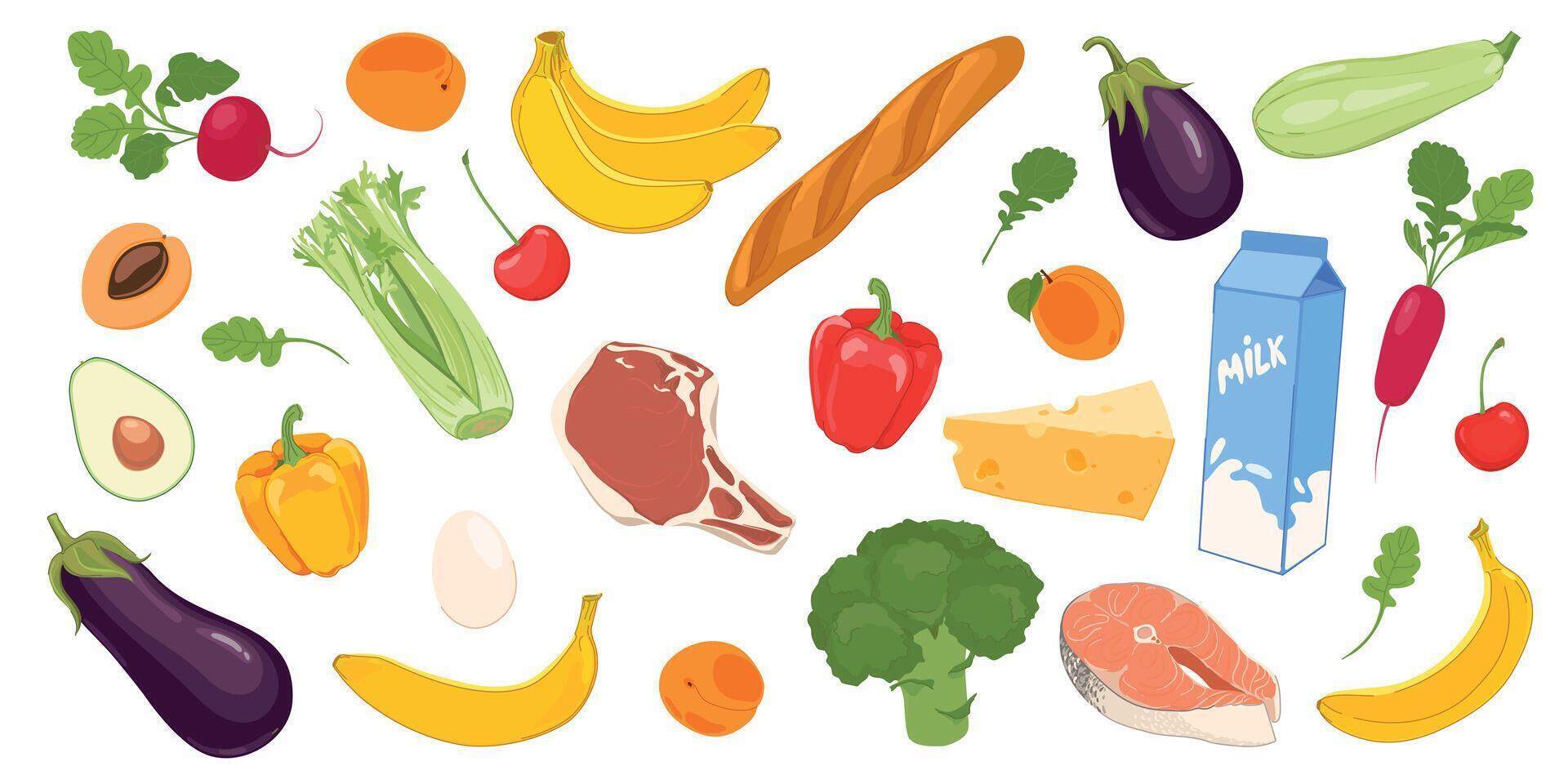 Set of low-calorie products. fruits and vegetables, milk, bread, meat, fish, cheese and eggs. Farm harvest in flat style. Healthy eating concept. vector