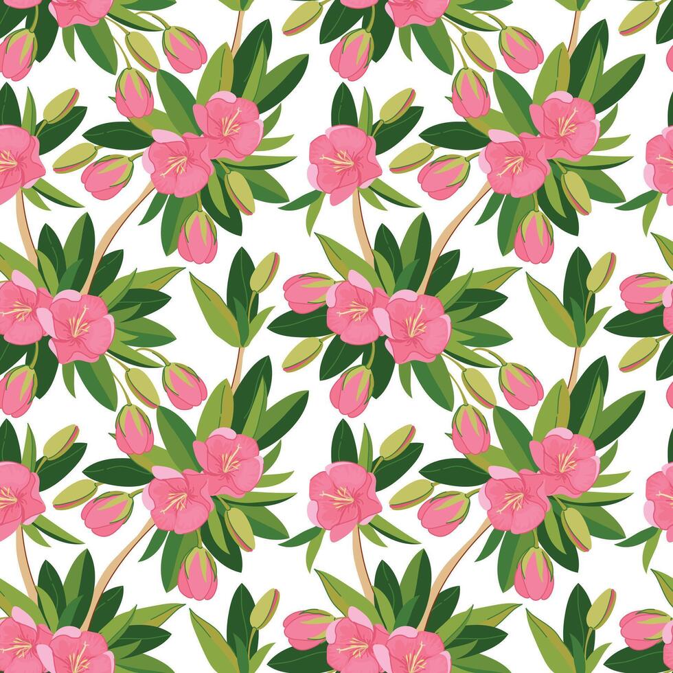 Seamless pattern with pink exotic flowers in flat style. background of Mauritius Trochetia boutoniana. Illustration National symbol of Mauritius. vector