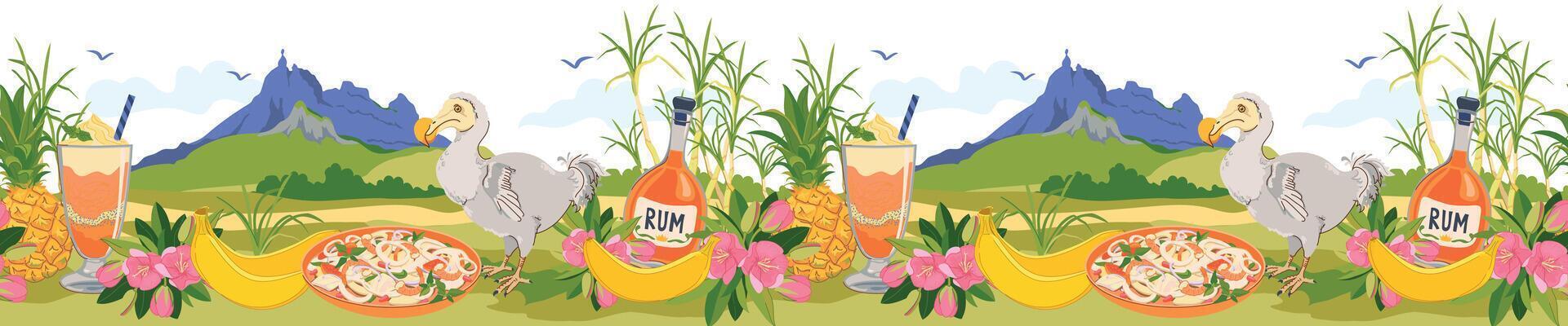 Seamless banner with famous island landmarks in flat style. sugar cane, mount peter, endemic extinct bird dodo, mauritius flowers trochetia boutoniana, pineapple, falooda cocktail. vector
