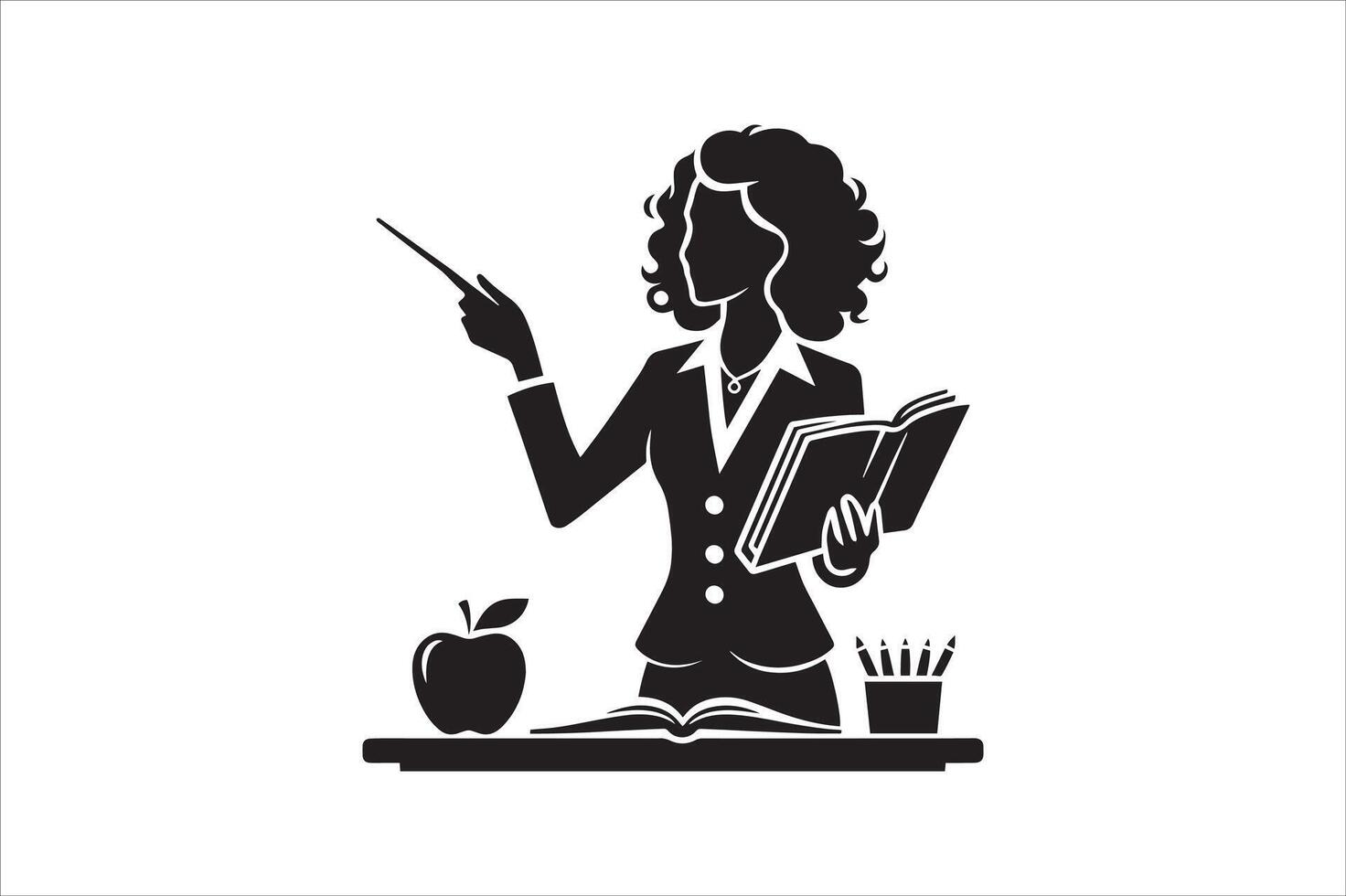 Teacher Silhouette with Open Book and Apple vector