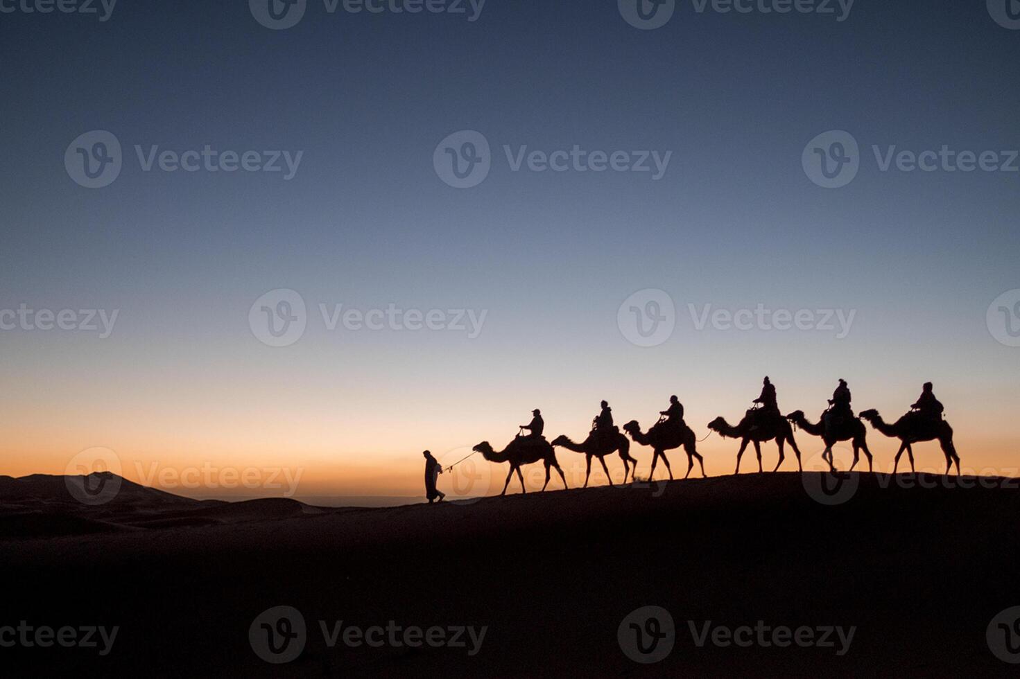 A group of people on camels are walking across the desert photo