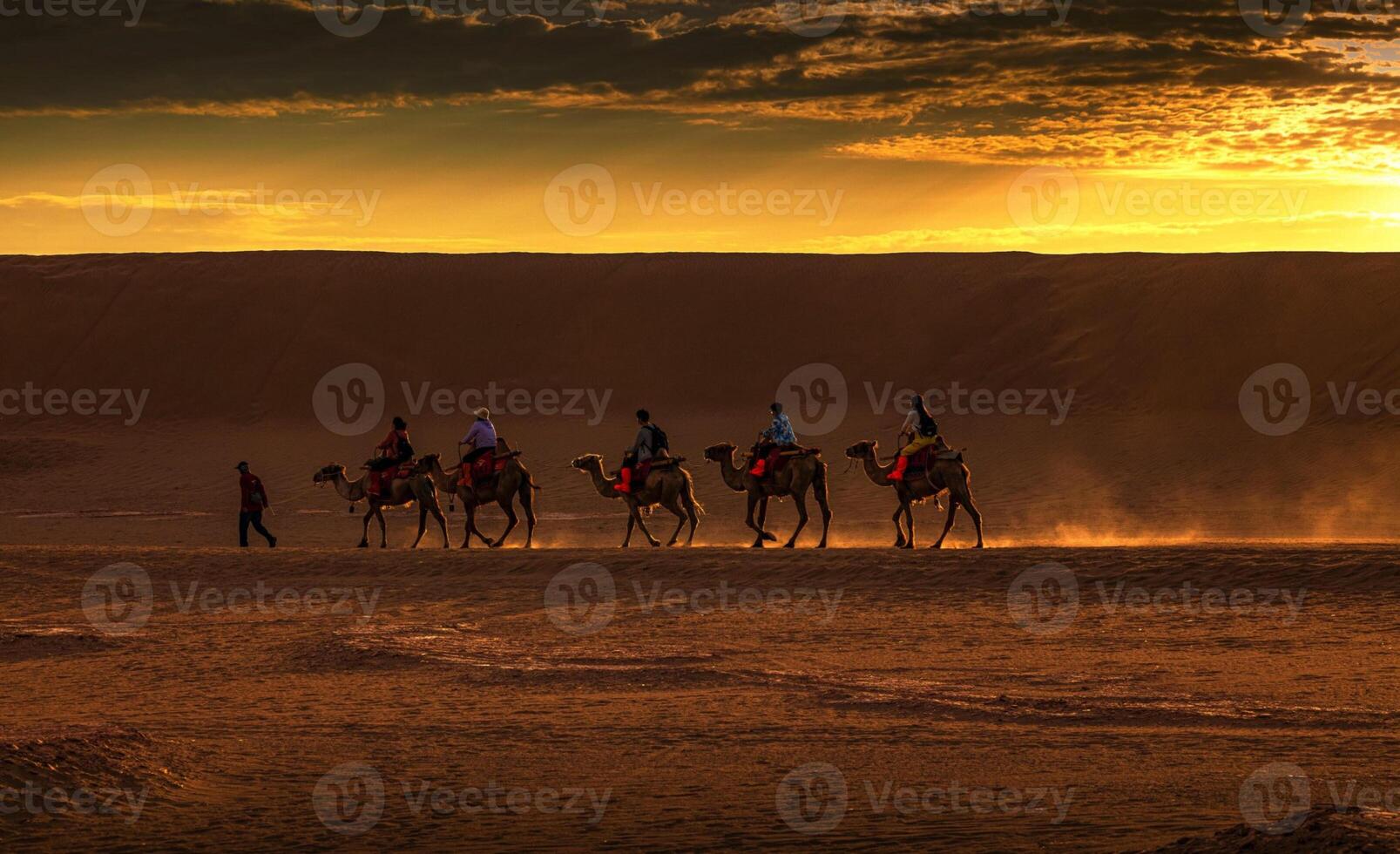 A group of people riding camels in the desert photo