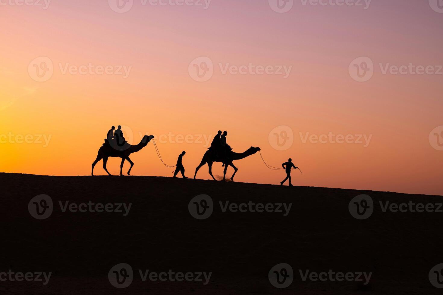 A group of people riding camels at sunset photo