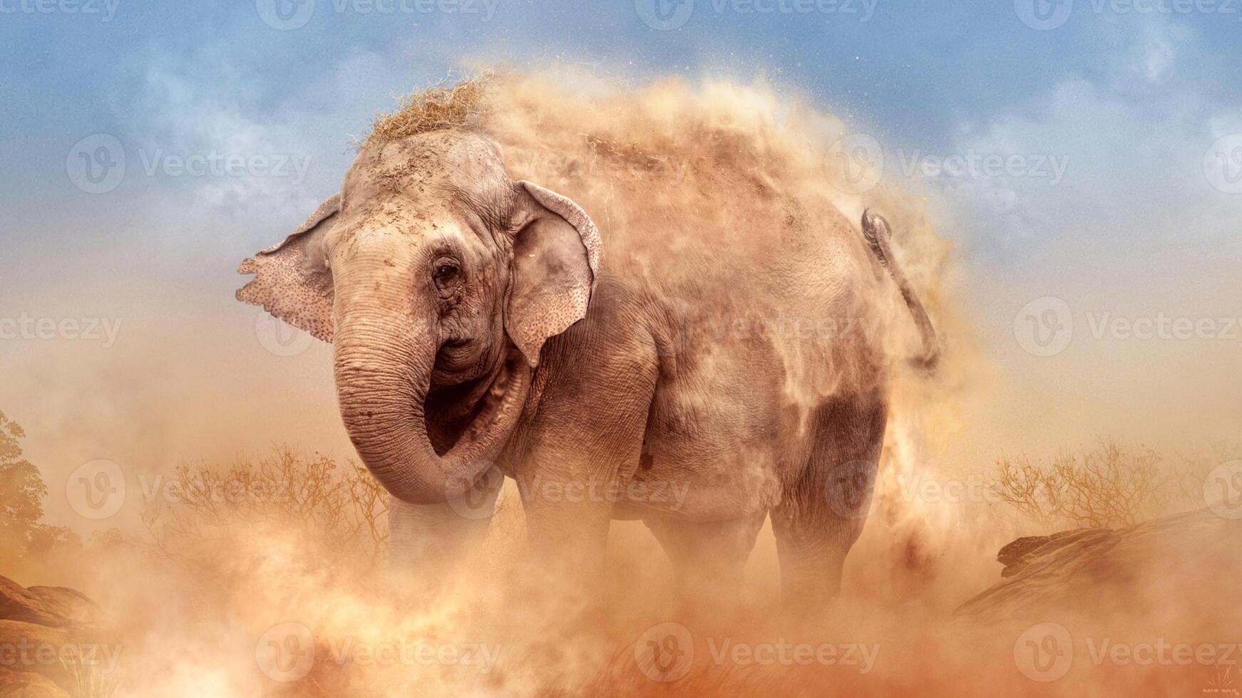 A large elephant is covered in dust photo